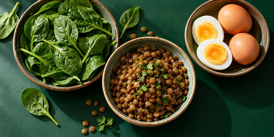 Épinards frais, lentilles cuites et œufs dans des bols en céramique