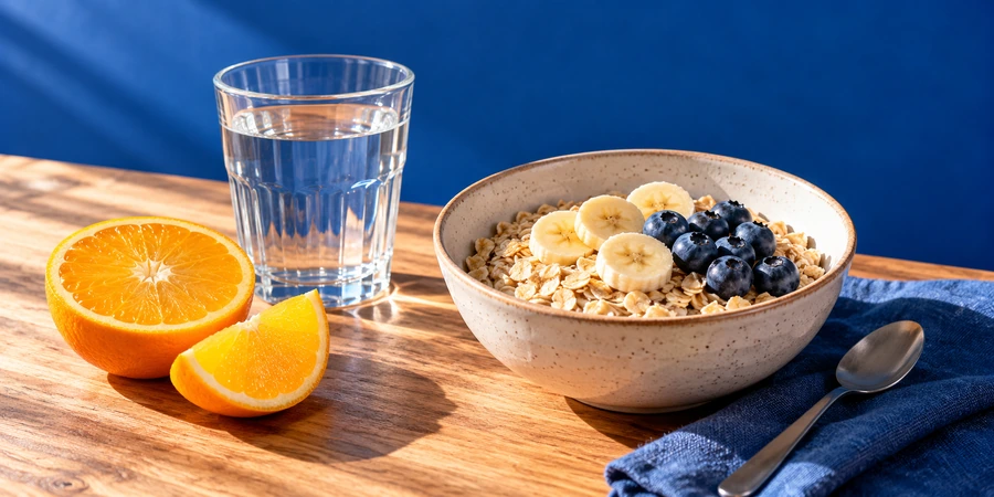 Petit-déjeuner avec un verre d’eau, une orange coupée et un bol de flocons d’avoine