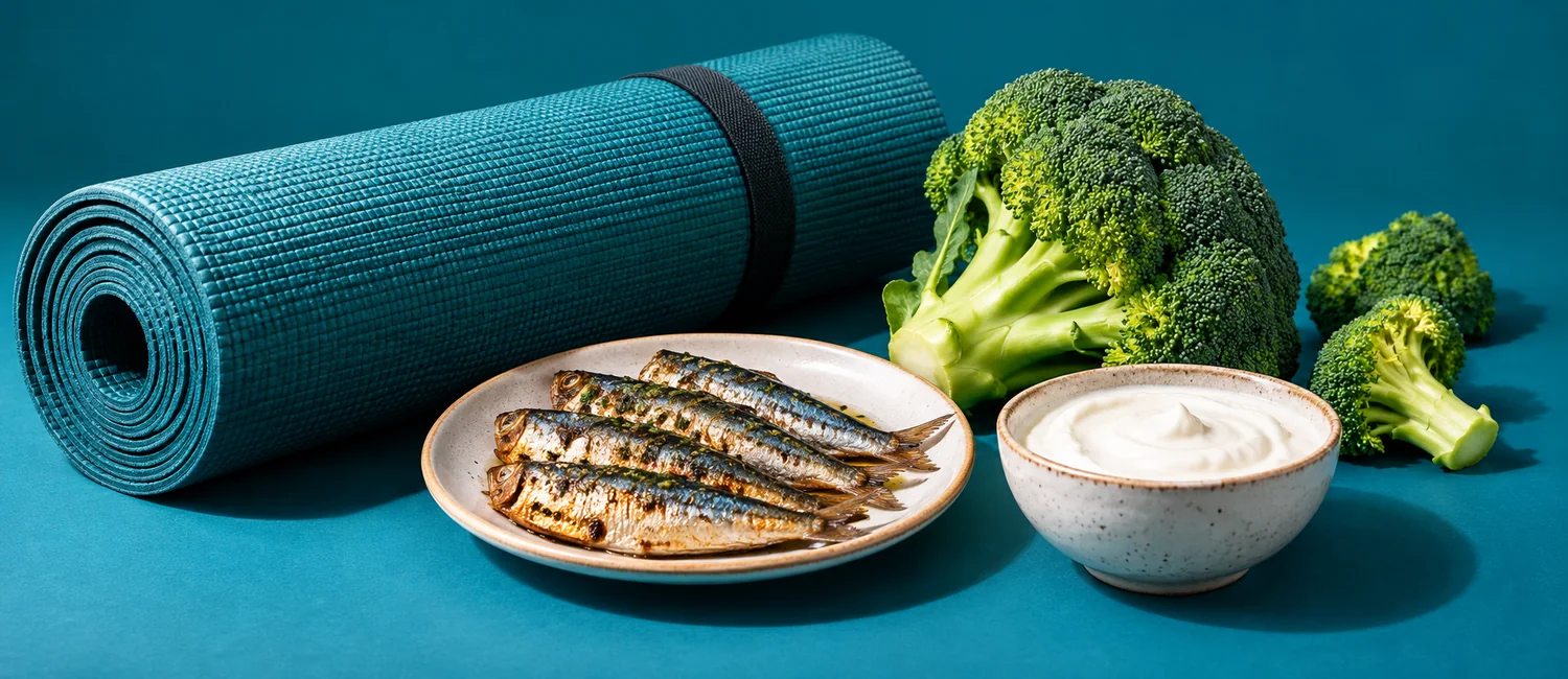 Tapis de yoga roulé, sardines, brocoli et yaourt