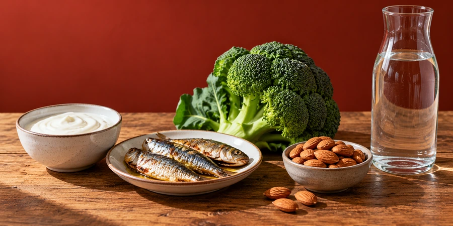Yaourt nature dans un bol, sardines, brocoli, amandes et carafe d’eau sur une table en bois