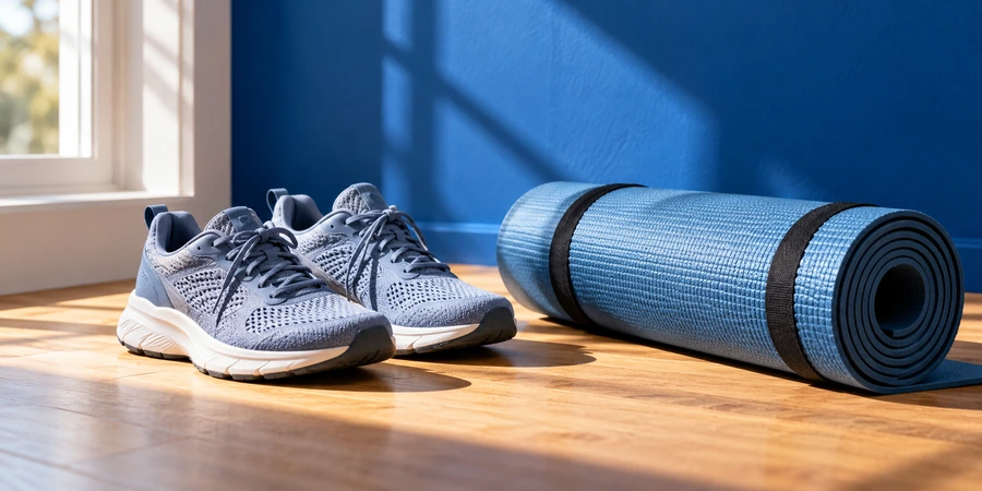 Paire de baskets de marche et tapis de gymnastique roulé posés sur un parquet clair, près d’une fenêtre