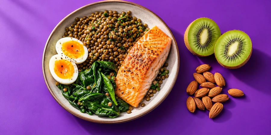 Assiette de lentilles, œuf mollet, épinards et saumon, avec un kiwi coupé et des amandes à côté