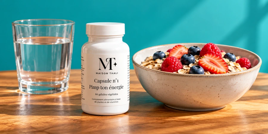 Flacon blanc Capsule n°1 de Maison Thali sur une table de petit-déjeuner, à côté d’un verre d’eau et d’un bol de flocons d’avoine