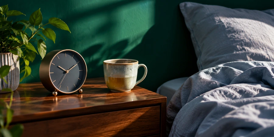 Table de nuit au petit matin avec un réveil, une tasse de tisane et un drap froissé