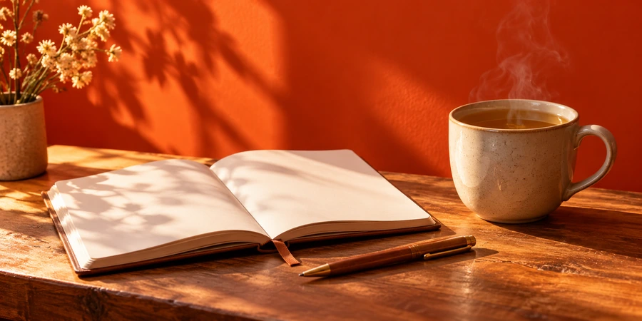 Carnet ouvert, stylo et tasse de tisane posés sur une table près d’une fenêtre