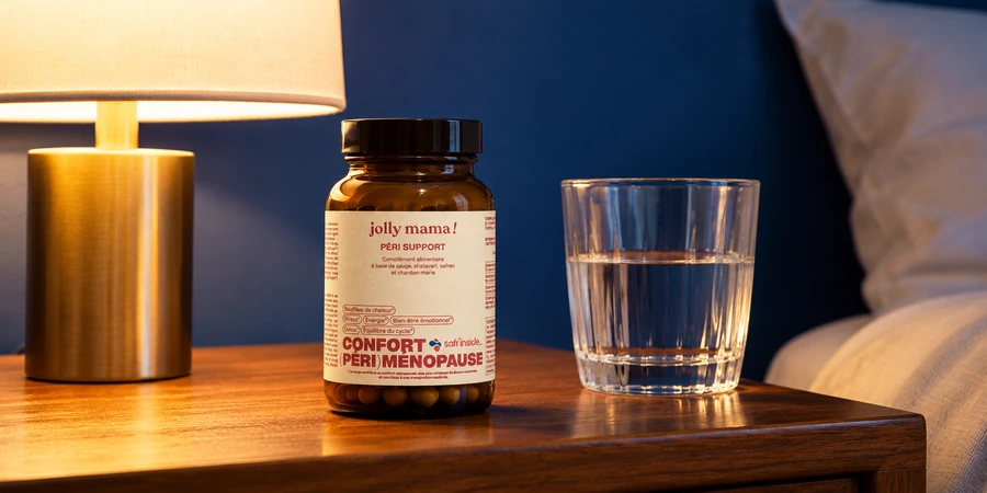 Pot ambré Péri Support de Jolly Mama à étiquette crème sur une table de chevet, à côté d’un verre d’eau