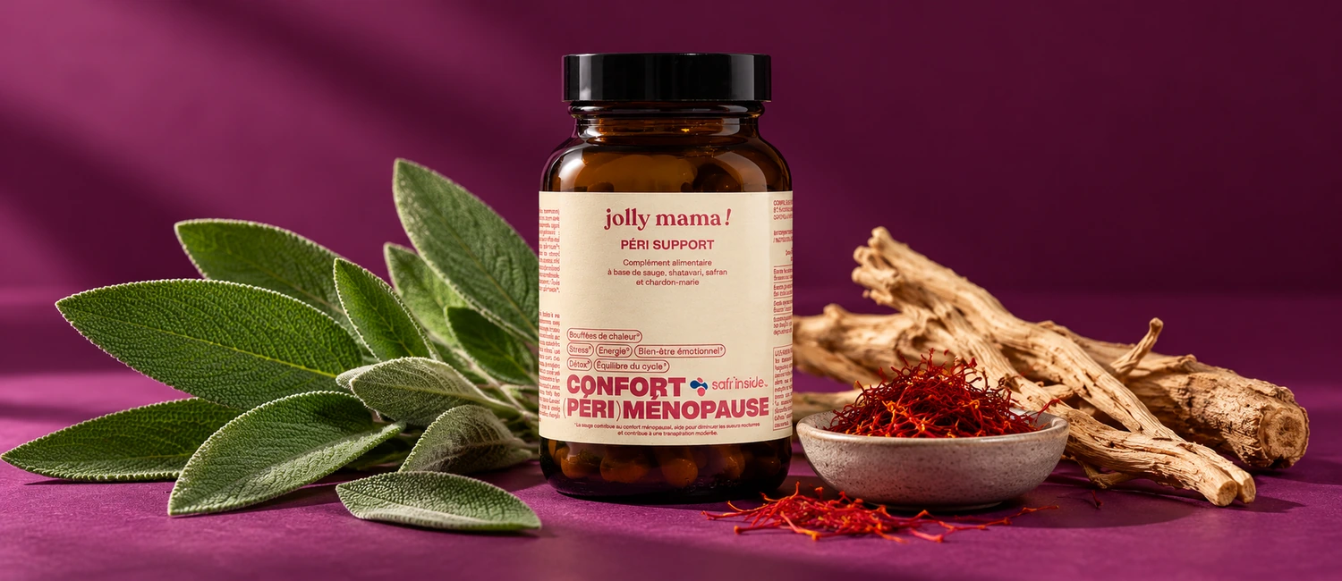 Pot Péri Support de Jolly Mama entouré de sauge, de safran et de racines