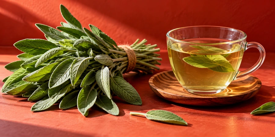 Bouquet de sauge officinale fraîche et tasse d’infusion de sauge sur un fond rouge brique