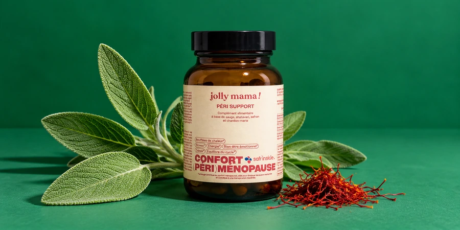 Pot ambré Péri Support de Jolly Mama à étiquette crème, entouré de feuilles de sauge et de pistils de safran