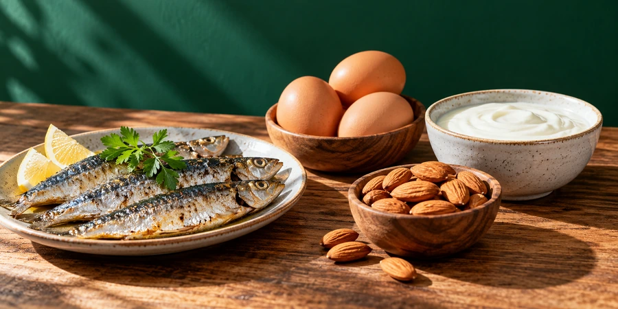 Sardines, œufs en coquille, yaourt nature et amandes sur une table en bois