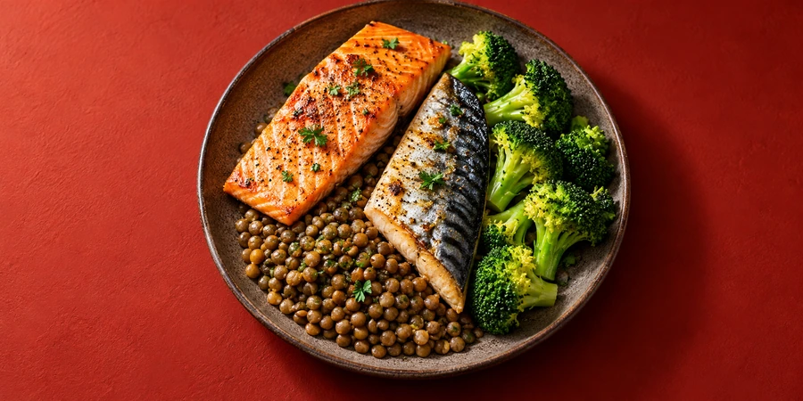 Assiette de saumon et de maquereau avec des lentilles et des brocolis