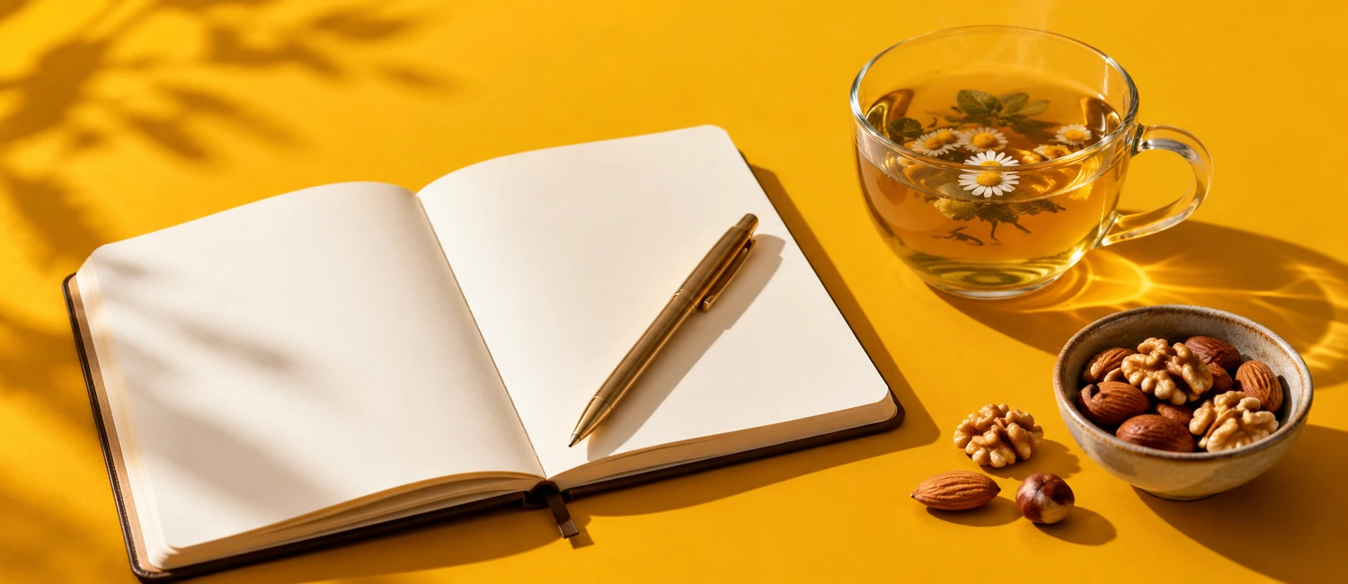 Carnet ouvert, tasse de tisane et noix