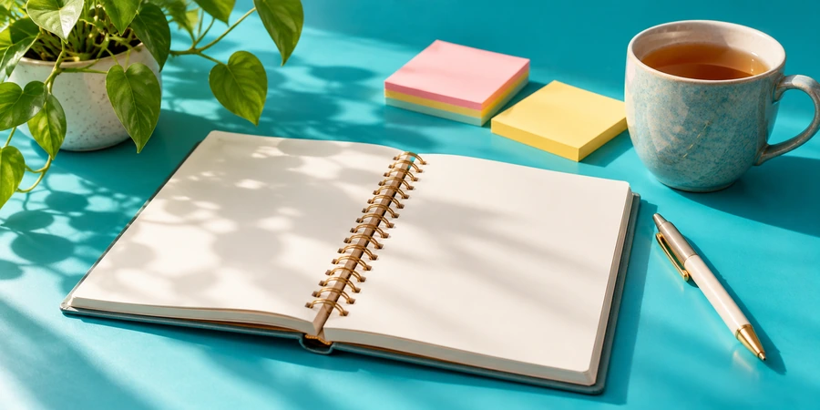 Agenda papier ouvert, notes adhésives vierges de couleur, stylo et tasse de thé sur un bureau