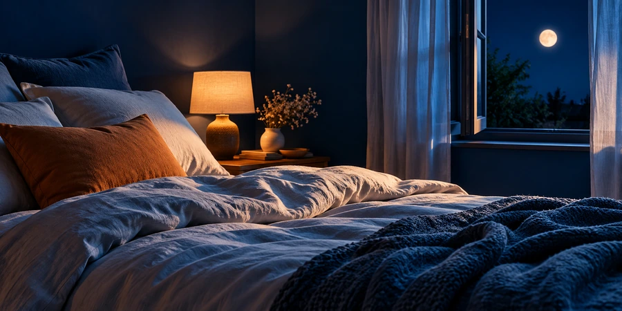 Lit aux draps clairs, lampe de chevet allumée et fenêtre entrouverte sur la nuit