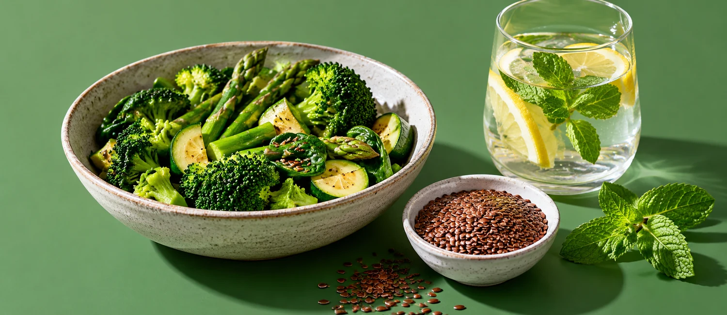 Bol de légumes verts, graines et verre d’eau citronnée