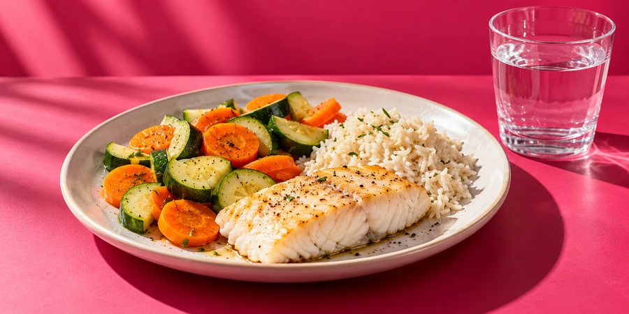 Assiette de carottes et courgettes cuites, filet de poisson blanc et riz, avec un verre d’eau plate