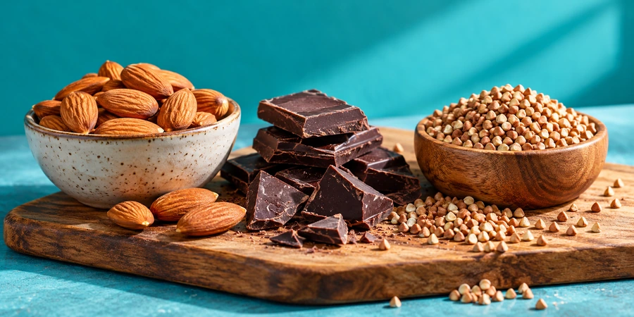 Amandes, carrés de chocolat noir et graines de sarrasin sur une planche en bois