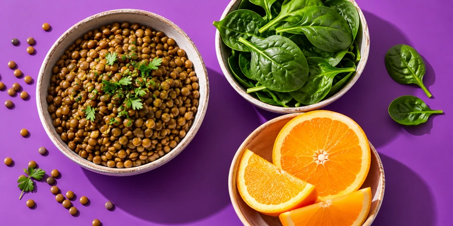 Lentilles vertes, pousses d’épinards et quartiers d’orange dans des bols